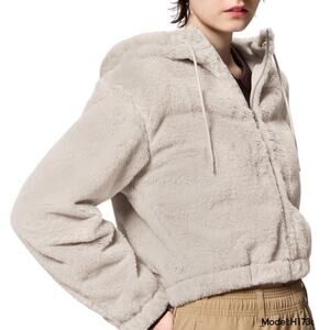 GU Japan Faux Fur Front Zip Hoodie Jacket Natural Beige Size S